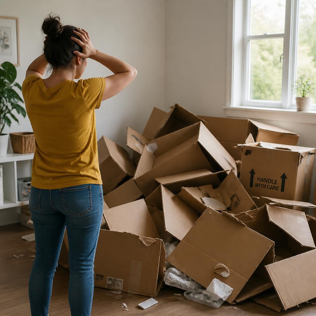 Frustrated mover facing a pile of broken cardboard boxes
